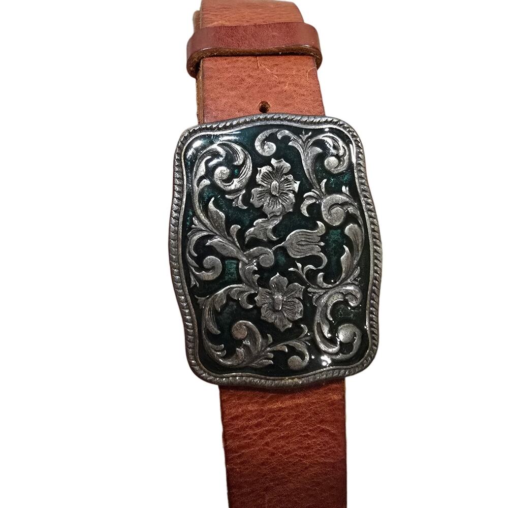 Women's Gap Brown Leather Belt with Silver & Green Buckle | Size Small